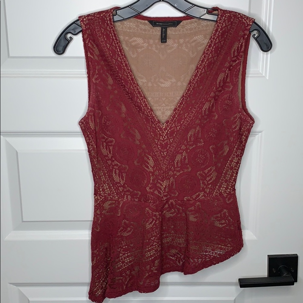 BCBG asymmetric burgundy lace peplum top